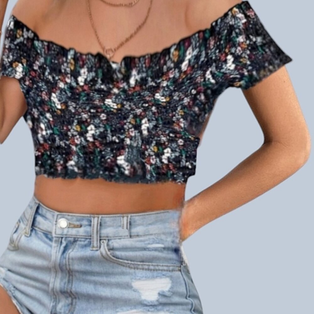 Boho Smocked Semi Off Shoulder Bardot Crop Top